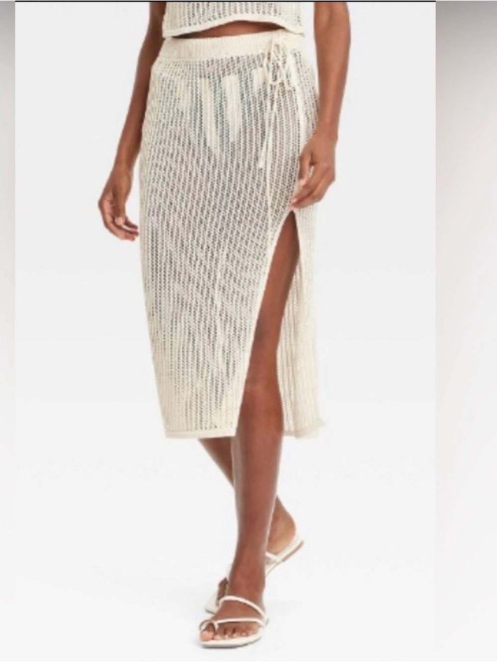 a new day Cream Crochet Midi Skirt with Side Slit